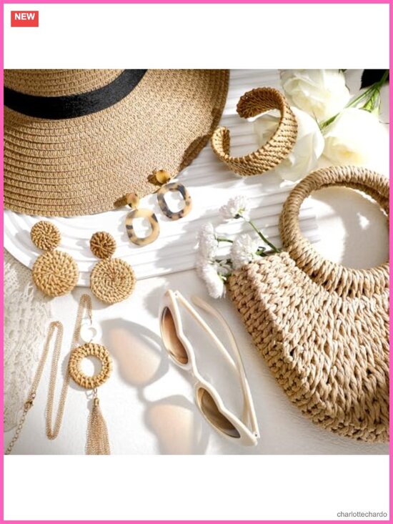 Boho Straw Hat and Bag Set with Sunglasses Jewelry for Women Summer Vacation main image 4